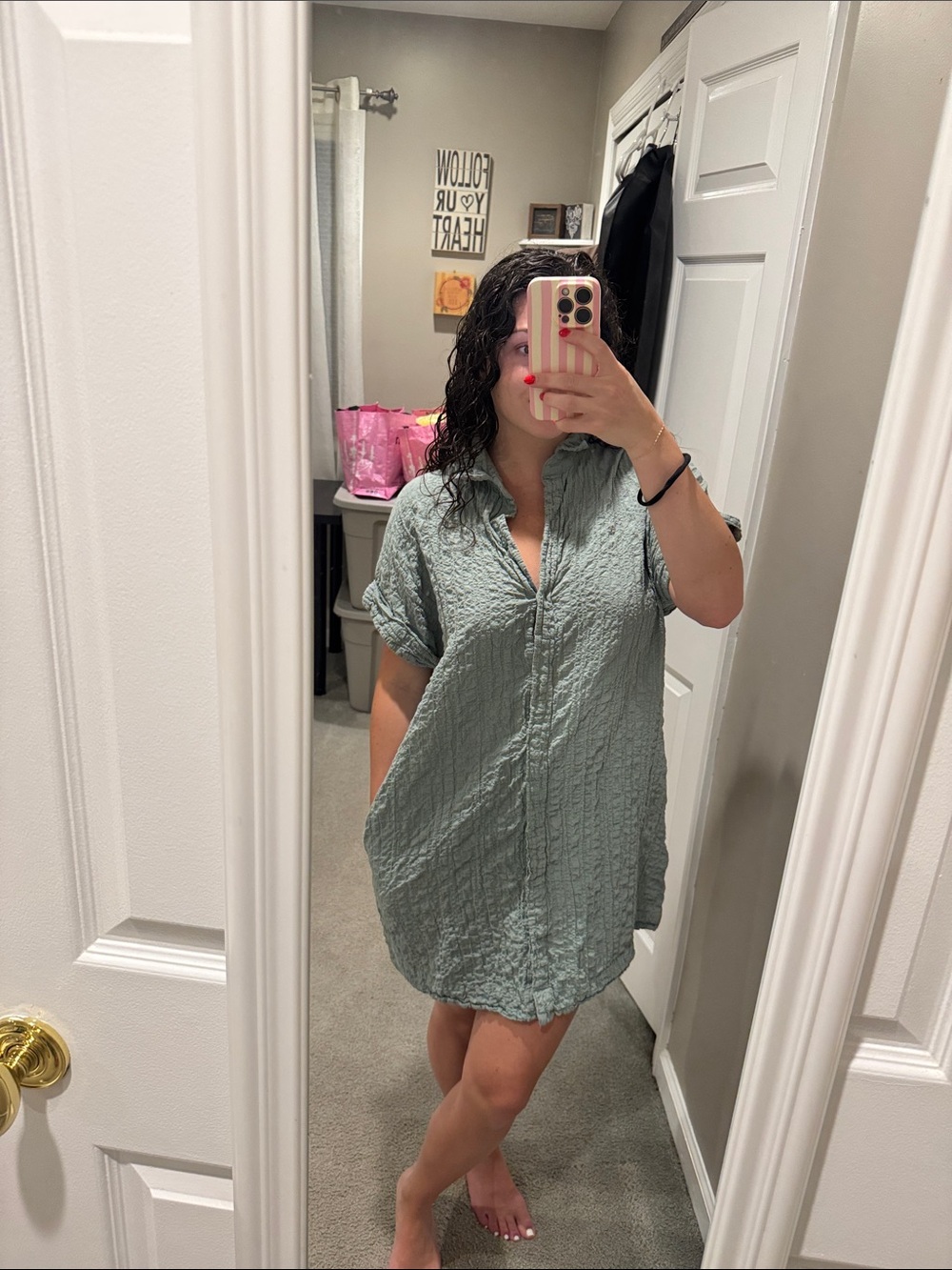 Abercrombie & Fitch Sage Green Textured Button-Front Shirt Dress